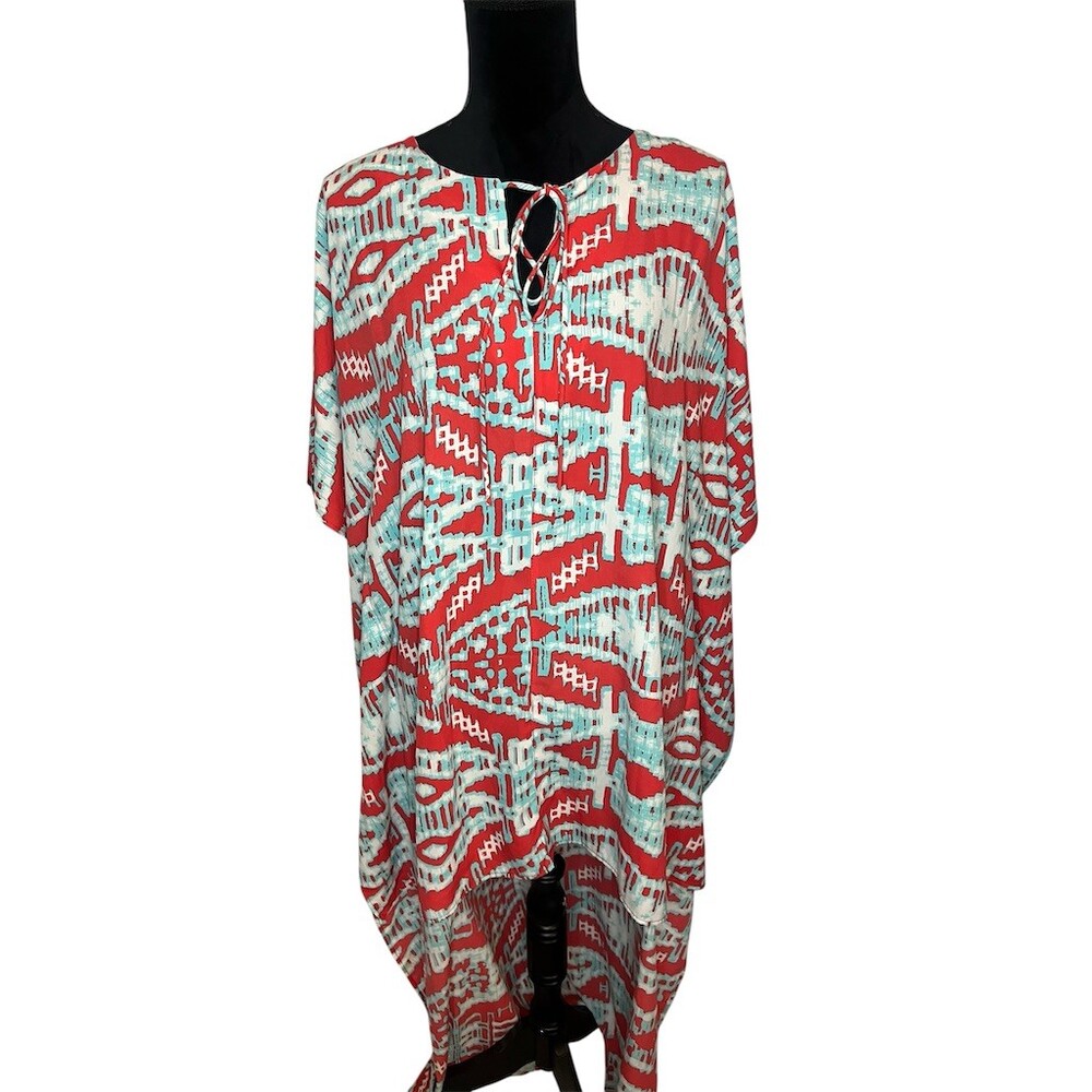 VICI Kaftan Tunic Cover-Up Dress M Aqua White Abstract Midi